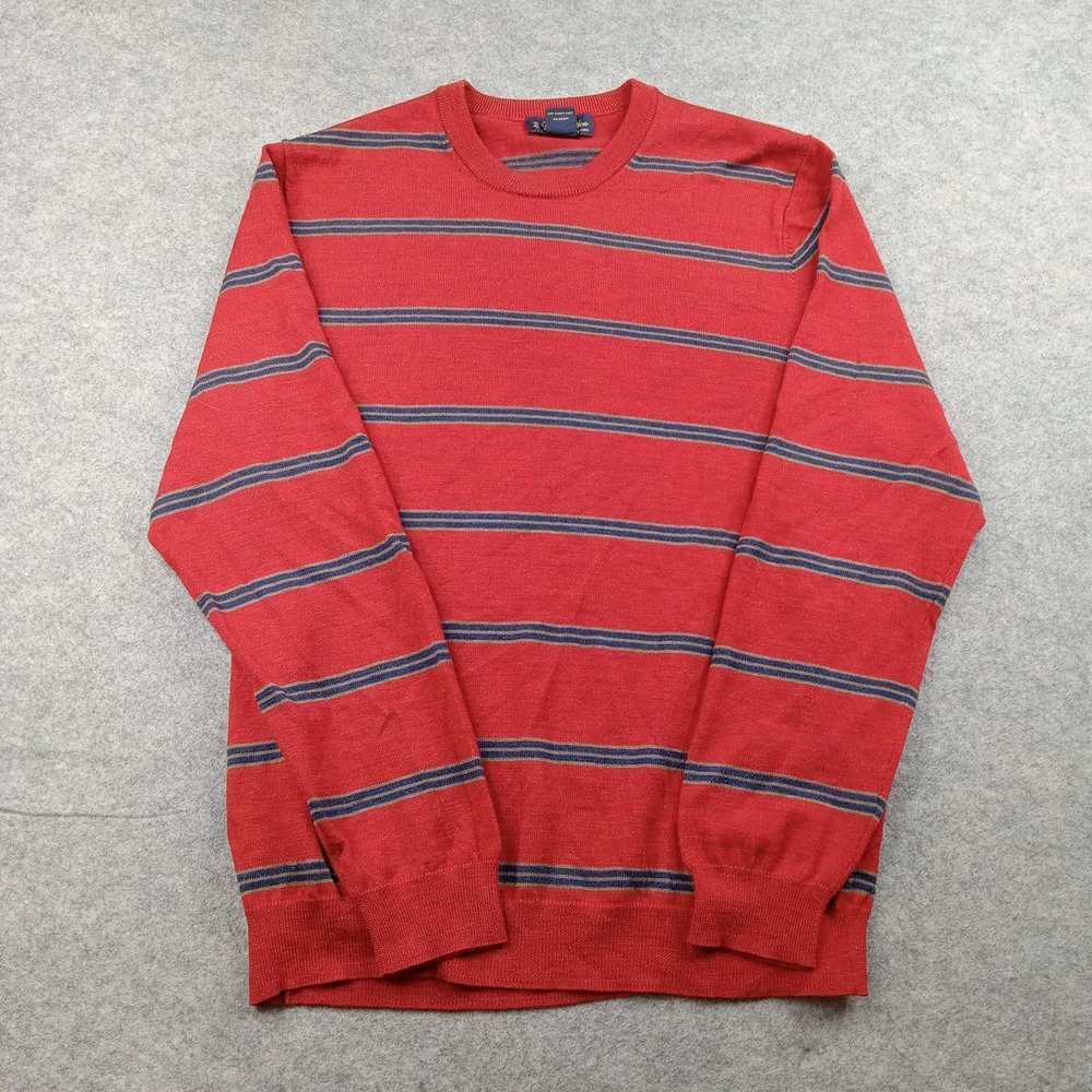 Brooks Brothers Sweater Mens Large Red‎ 100% Merino Wool Stripe Crewneck Knit